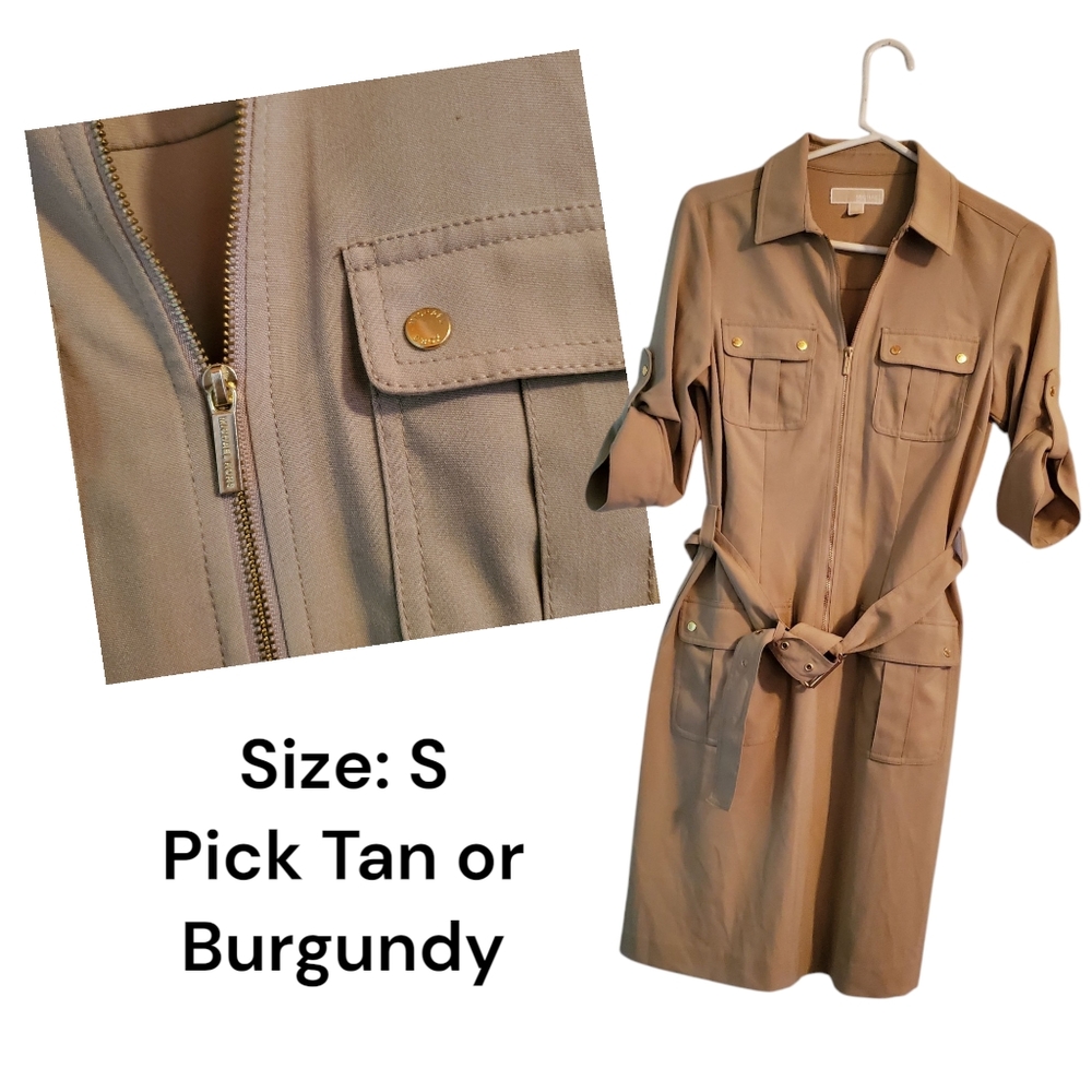 Michael Kors Burgundy or Tan Shirt Dress Goldtone Hardware Small - Picture 5 of 14